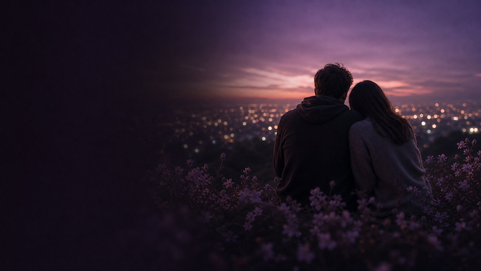 Two people watching the city lights come on at dusk