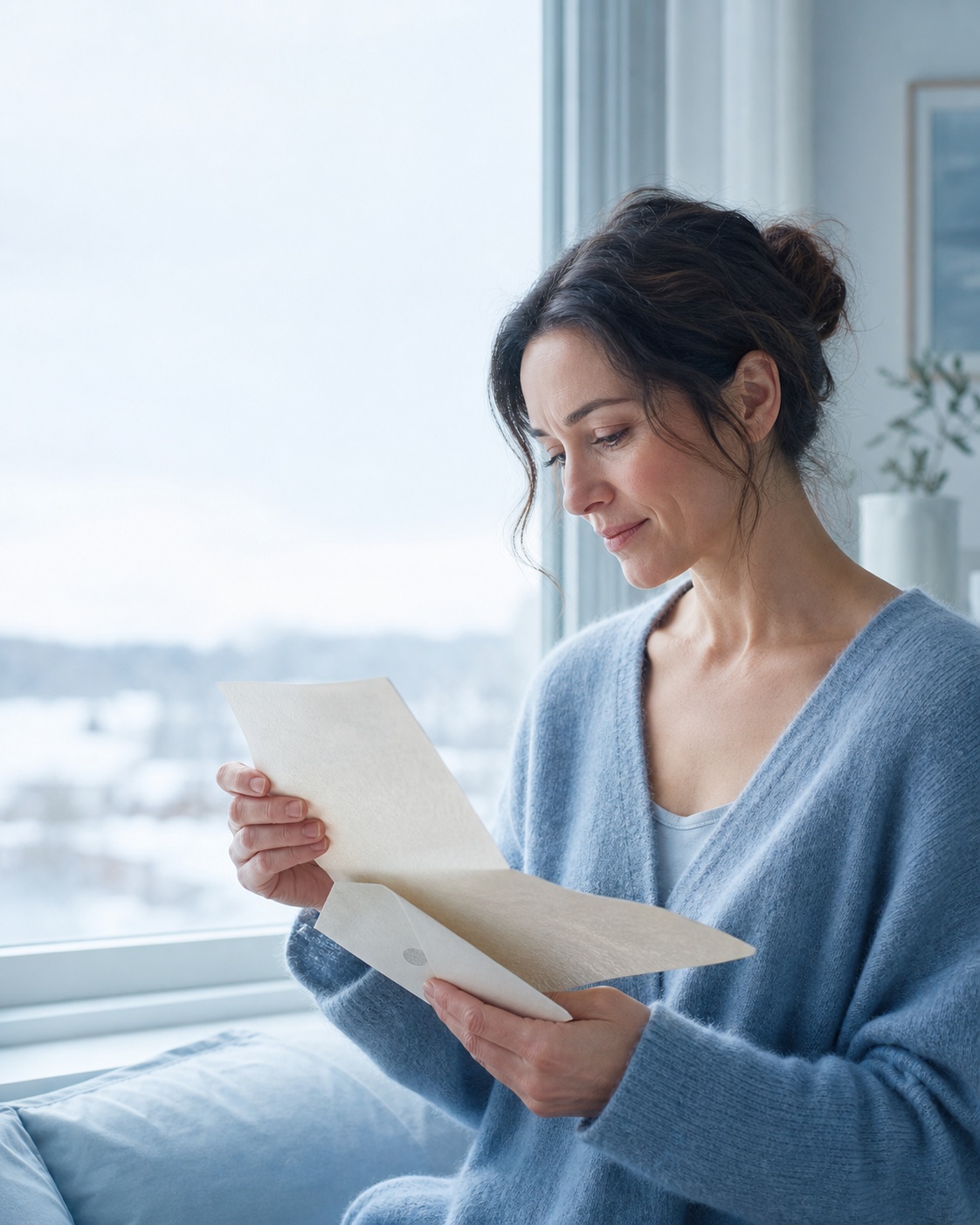 A woman opening a meaningful letter by a bright window