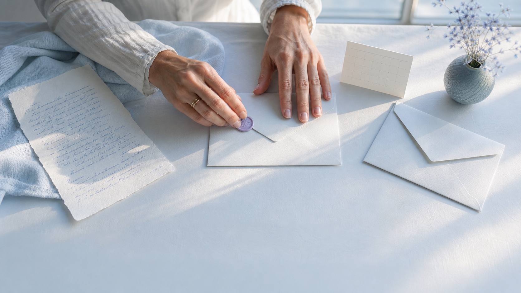 Hands sealing a handwritten letter beside an envelope and a calendar