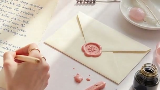 An envelope closed with a wax seal beside pen and ink